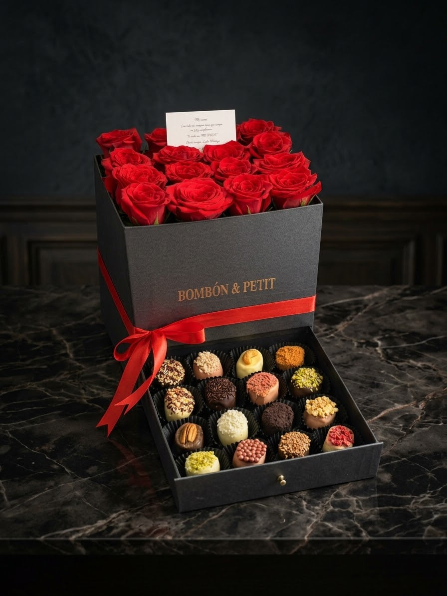 Éclat Rouge | Caja de Rosas con Bombones Gourmet